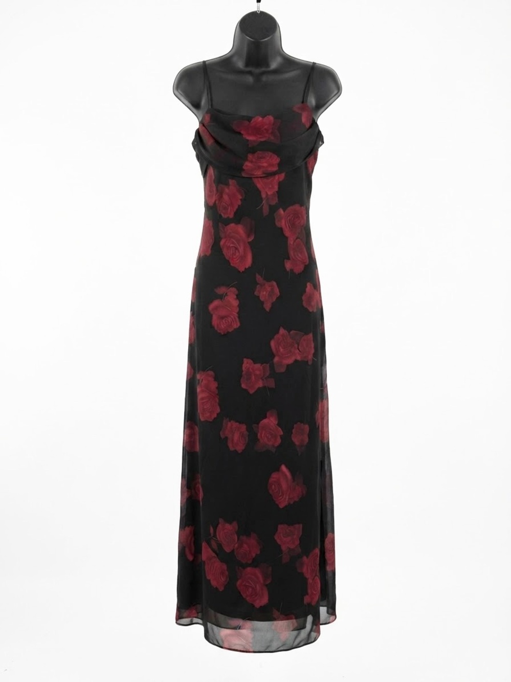 vintage 1990s Betsy & Adam black chiffon maxi dress romantic red roses 6